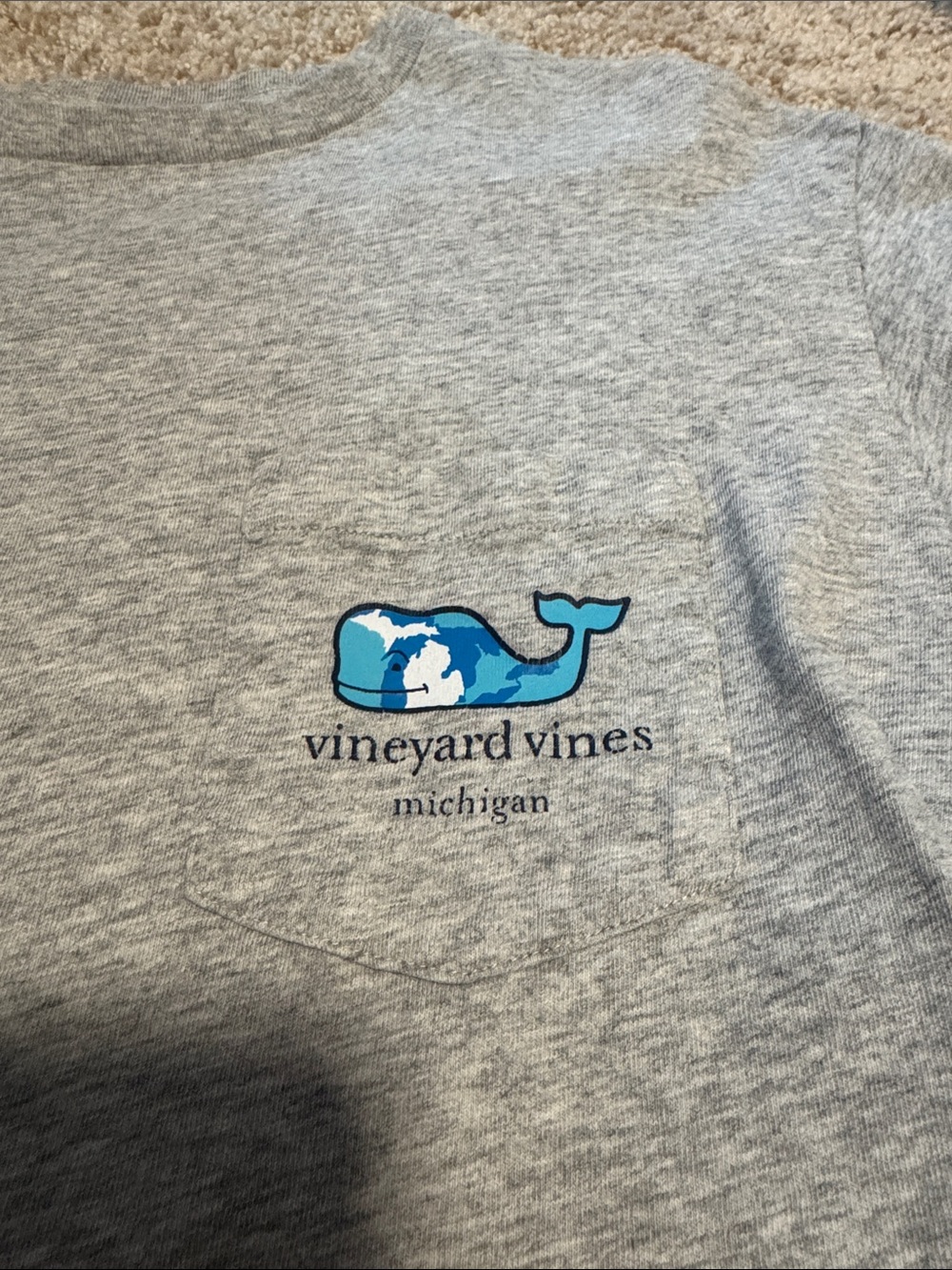Vineyard Vines Heather Gray Pocket Tee with Blue Whale Michigan Graphic